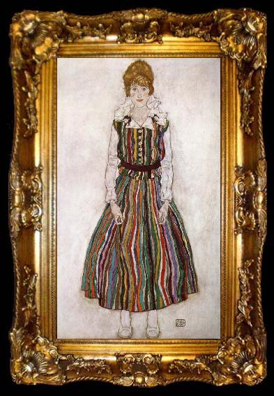 framed  Egon Schiele Portrait of Edith Schiele in a Striped Dress, ta009-2
